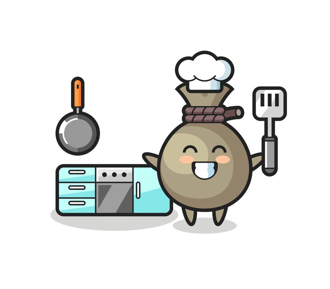 ilustração de personagem de saco de dinheiro enquanto um chef cozinha vetor