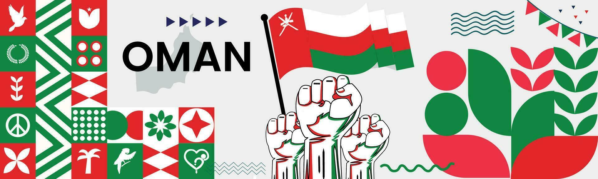 Omã nacional dia bandeira com mapa, bandeira cores tema fundo e geométrico abstrato retro moderno colorido Projeto com elevado mãos ou punhos. vetor