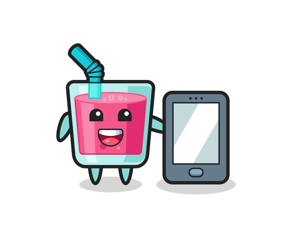 desenho de ilustração de suco de morango segurando um smartphone vetor