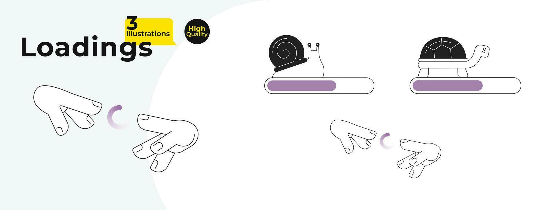 Caracol tartaruga esboço Carregando bares, spinner vetor ilustração pacote. dois mãos tocando. rede carregadores ui ux. gráfico do utilizador interface coleção. monocromático desenho animado plano Projeto em branco fundo