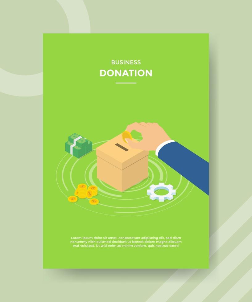 mão de doação de negócios colocar dinheiro em moedas na caixa para o folheto modelo vetor