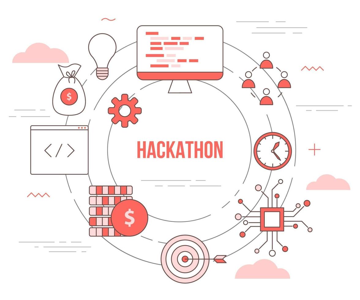 conceito de tecnologia hackathon com banner de modelo de conjunto de ícones vetor