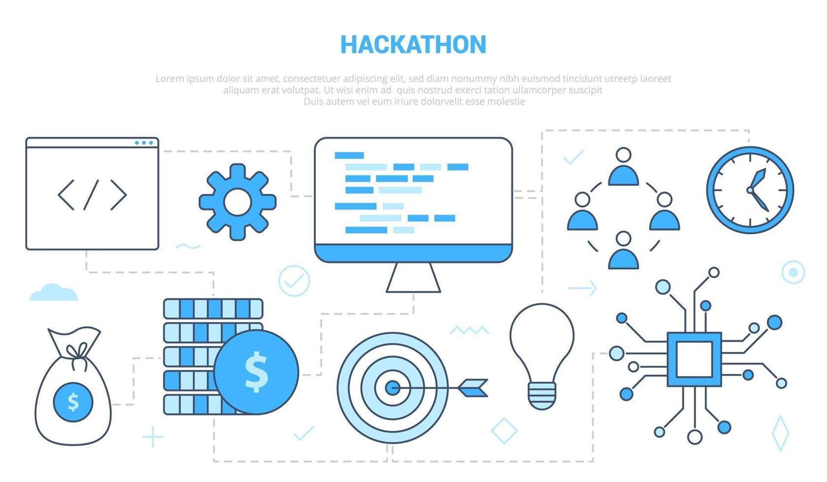 conceito de desenvolvimento hackathon com banner de modelo de conjunto de ícones vetor