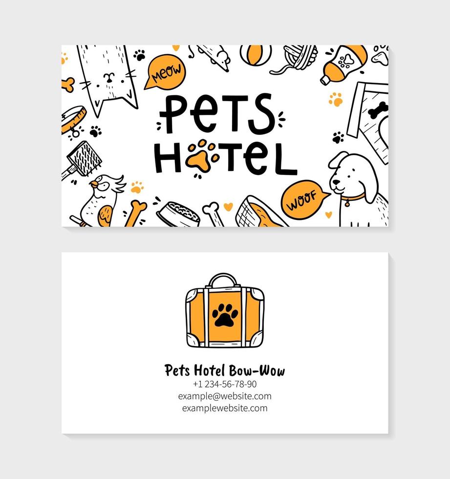 cartão de visita de hotel para animais de estimação para impressão em estilo doodle vetor