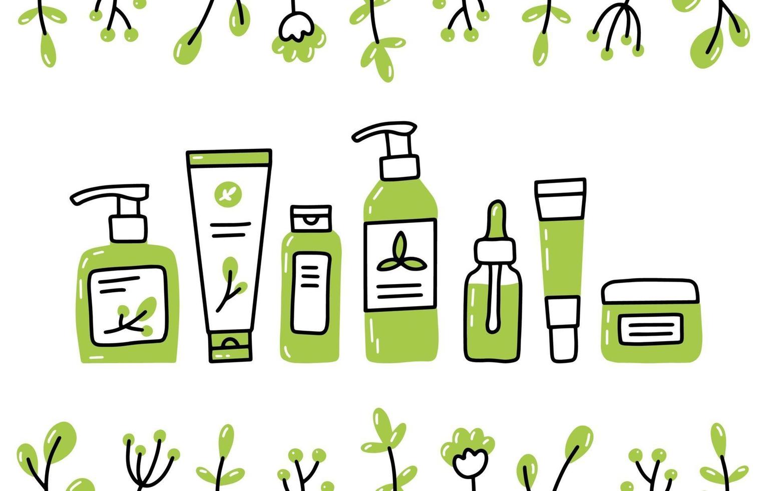 cosméticos orgânicos naturais ecológicos definidos em estilo doodle vetor