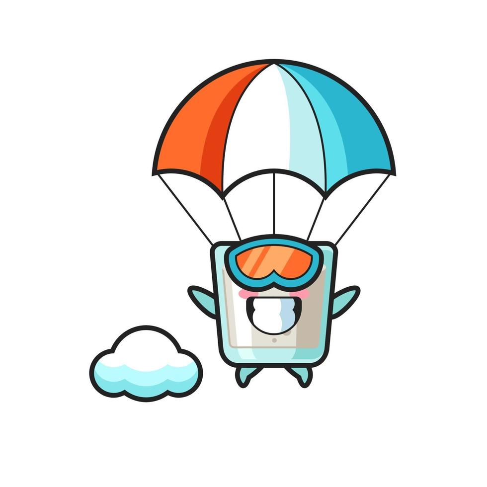 desenho do mascote do leite fazendo paraquedismo com um gesto feliz vetor