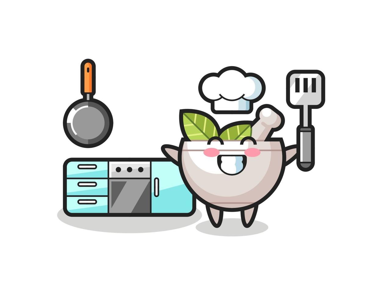 ilustração de personagem de tigela de ervas enquanto um chef está cozinhando vetor