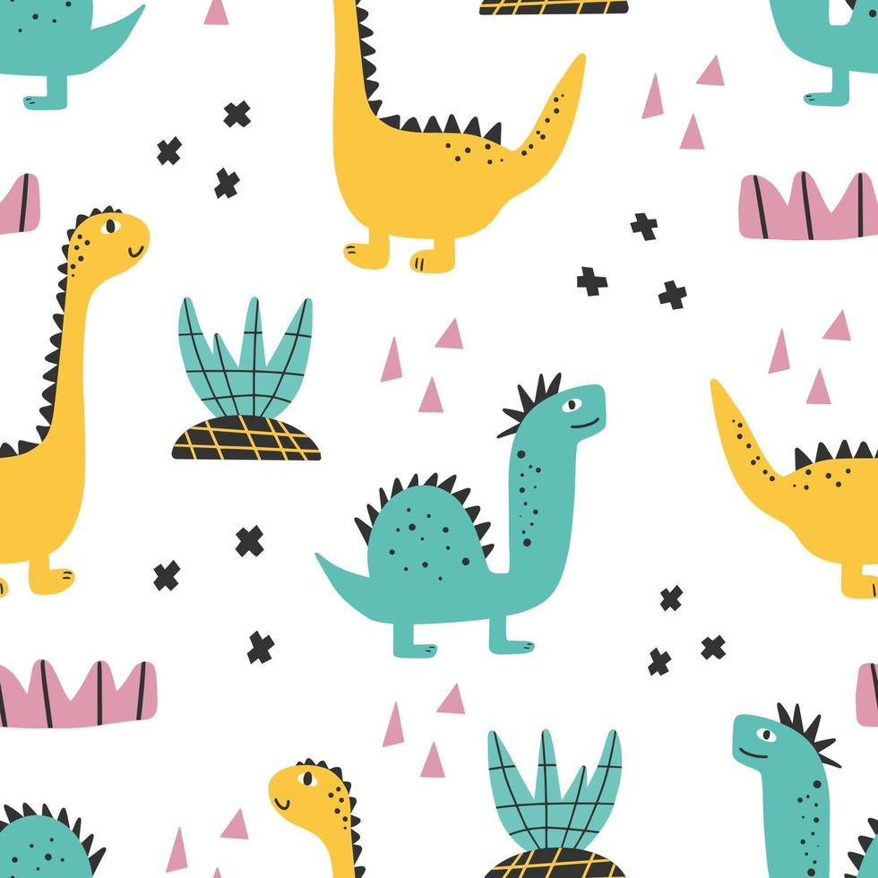 Padrão de dinossauro fofo - papel digital de dinossauro infantil desenhado à mão vetor