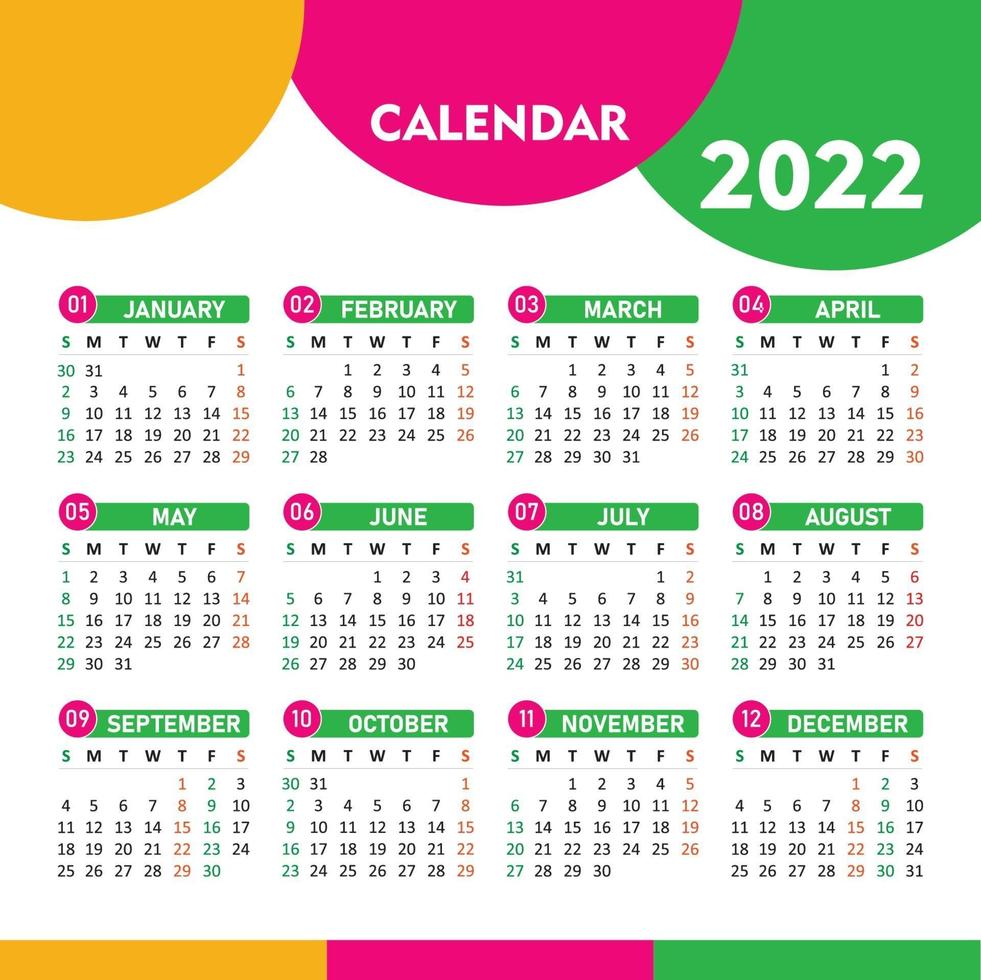 2022 desenho de calendário colorido grátis vetor