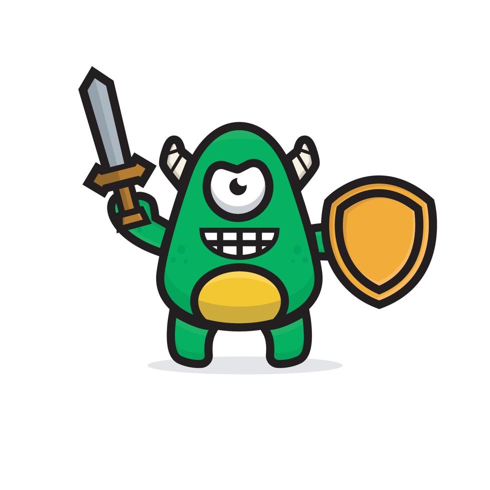 desenho animado bonito monstro verde segurando espada e escudo vetor
