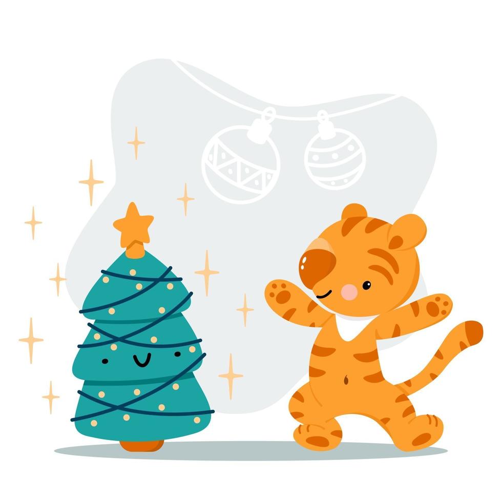 tigre bonito dos desenhos animados com árvore de natal vetor