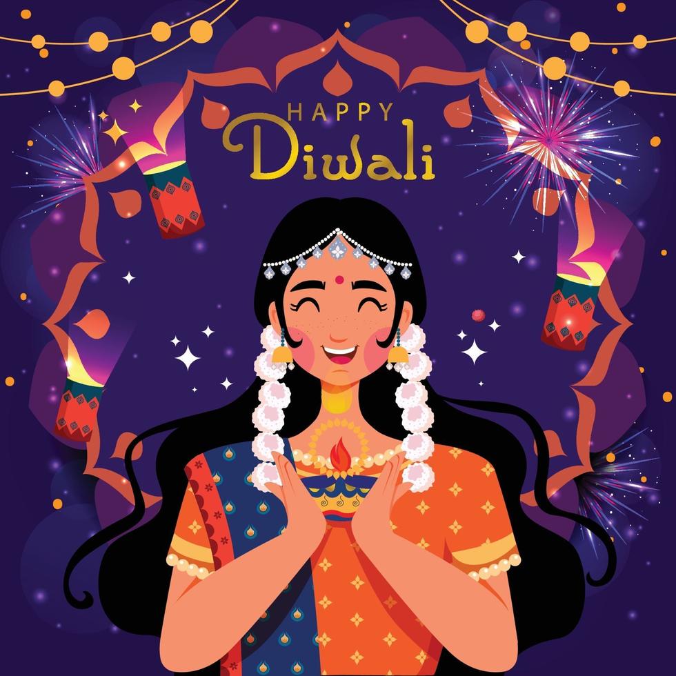 uma mulher comemorando o feliz diwali vetor