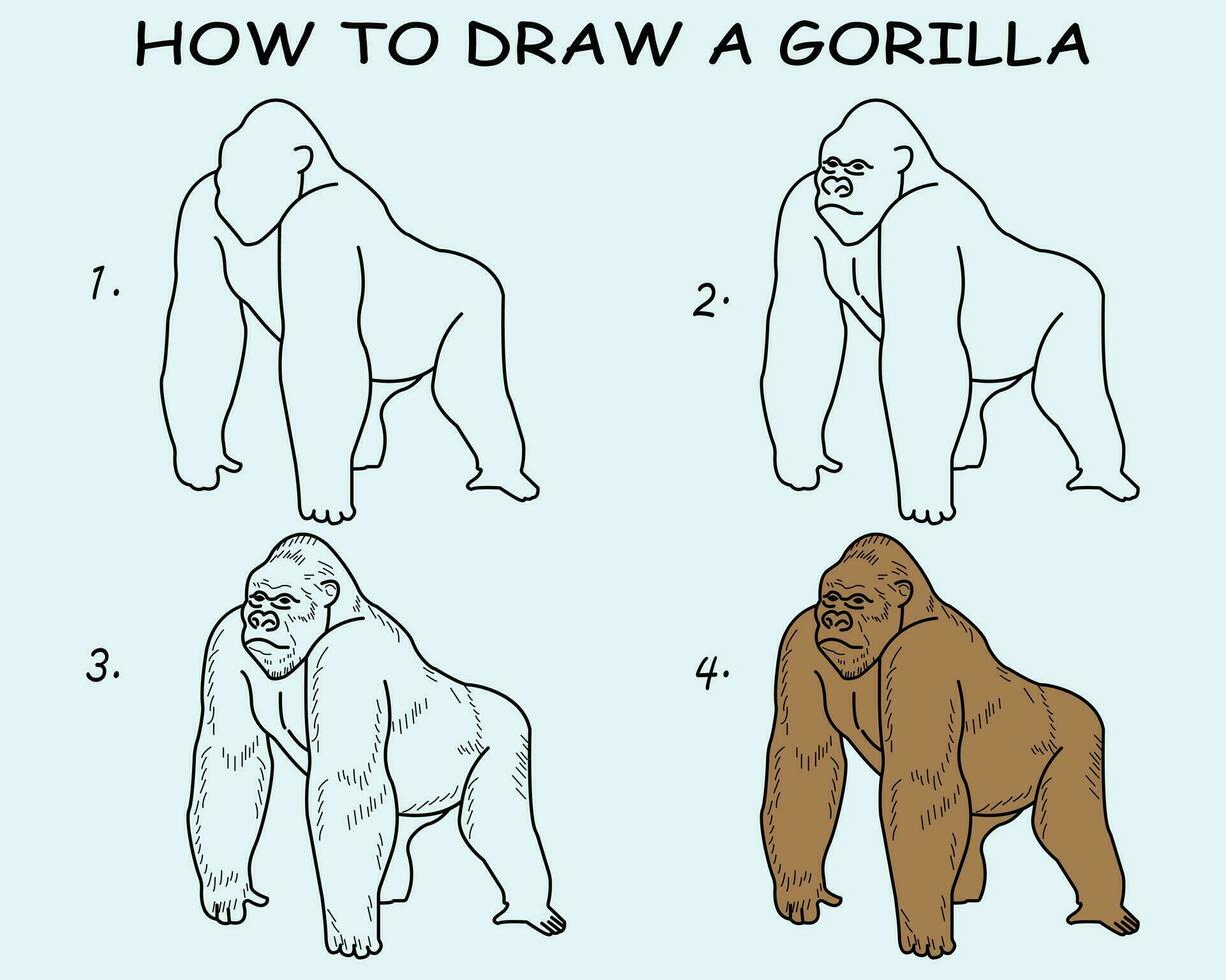 degrau de degrau para desenhar uma gorila. desenhando tutorial uma gorila. desenhando lição para crianças. vetor ilustração