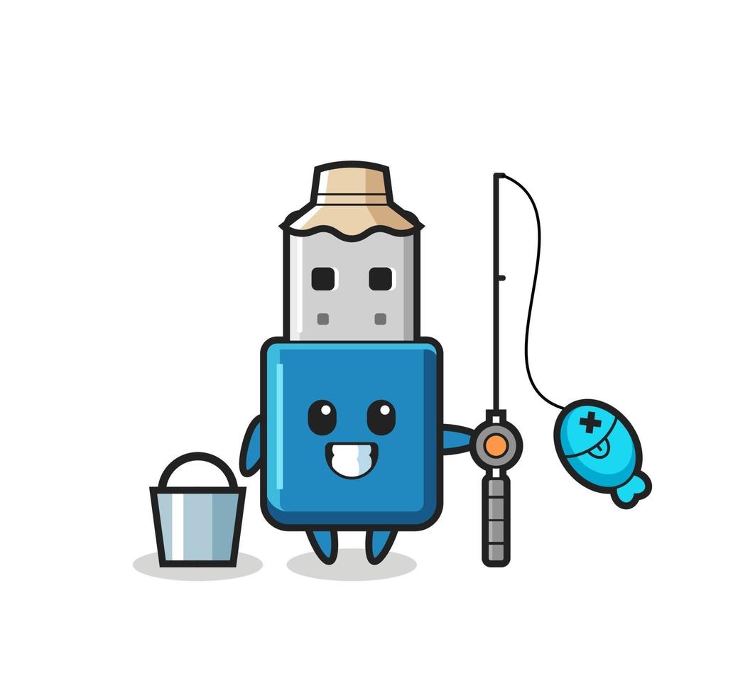 personagem mascote do flash drive usb como um pescador vetor