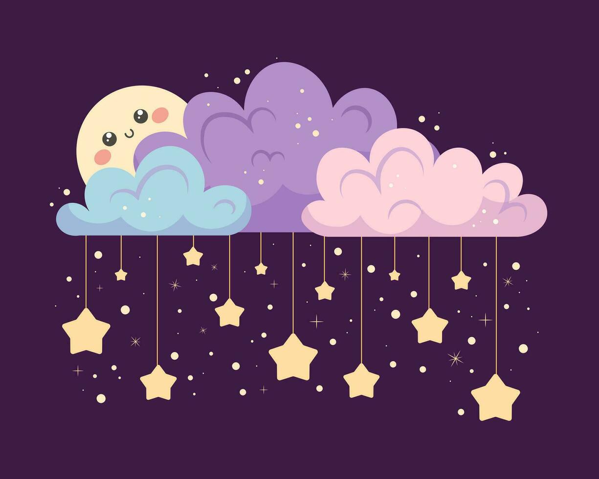 fofa desenho animado lua atrás nuvens com grande quantidade do estrelas. vetor ilustração dentro plano estilo para crianças e crianças, impressão para crianças roupas e bens