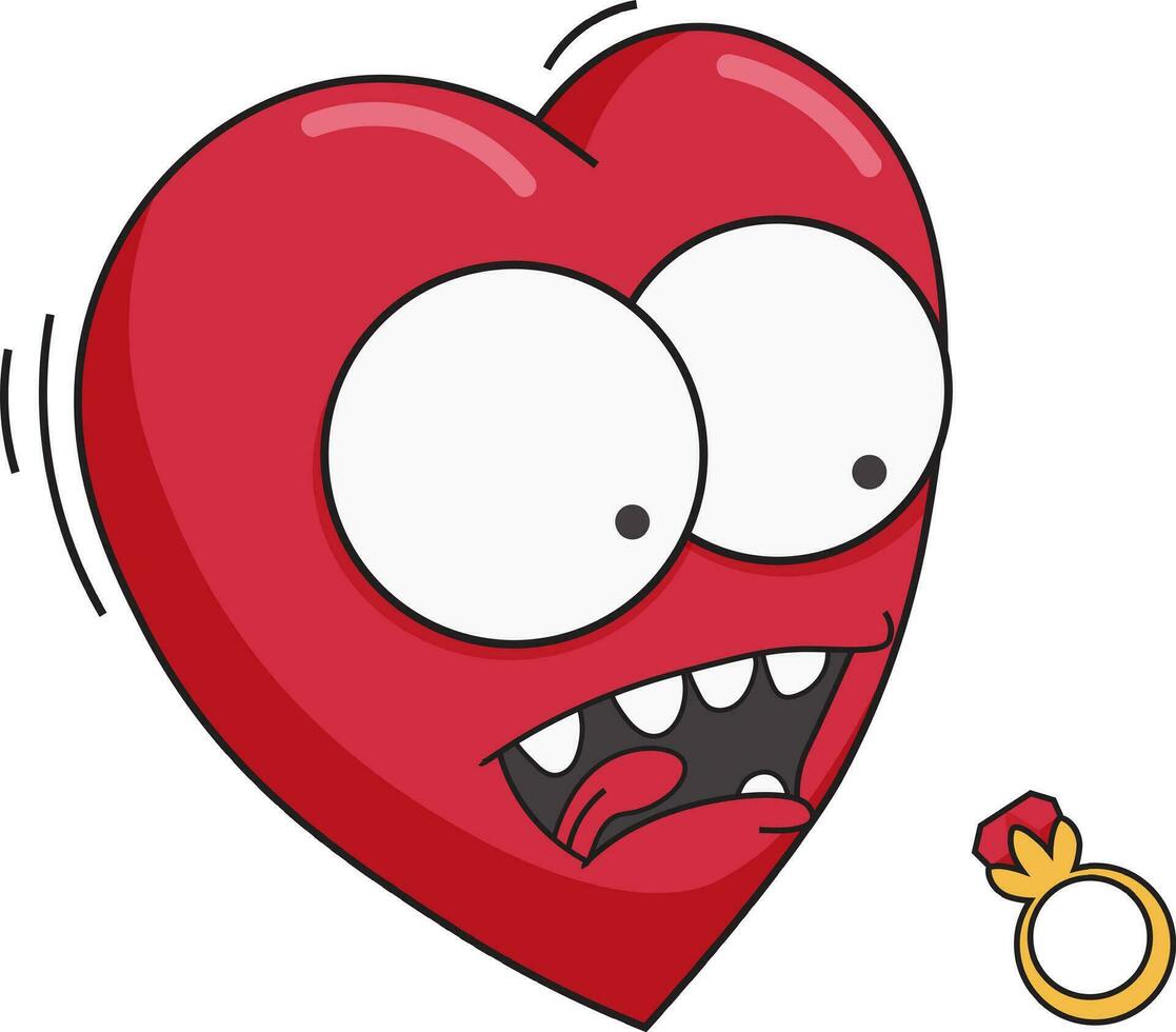 ano 2000 personagem coração. vetor imagem do engraçado desenho animado coração assustado do noivado anel