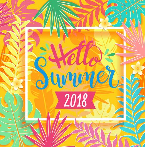 Olá Verão 2018 lettering em folhas tropicais. vetor