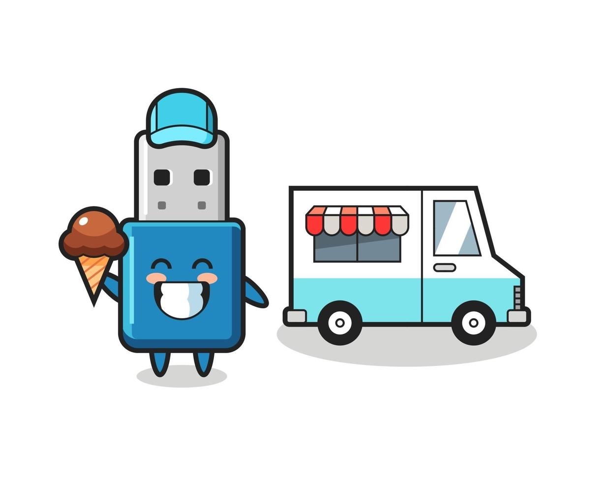 desenho de mascote de flash drive usb com caminhão de sorvete vetor