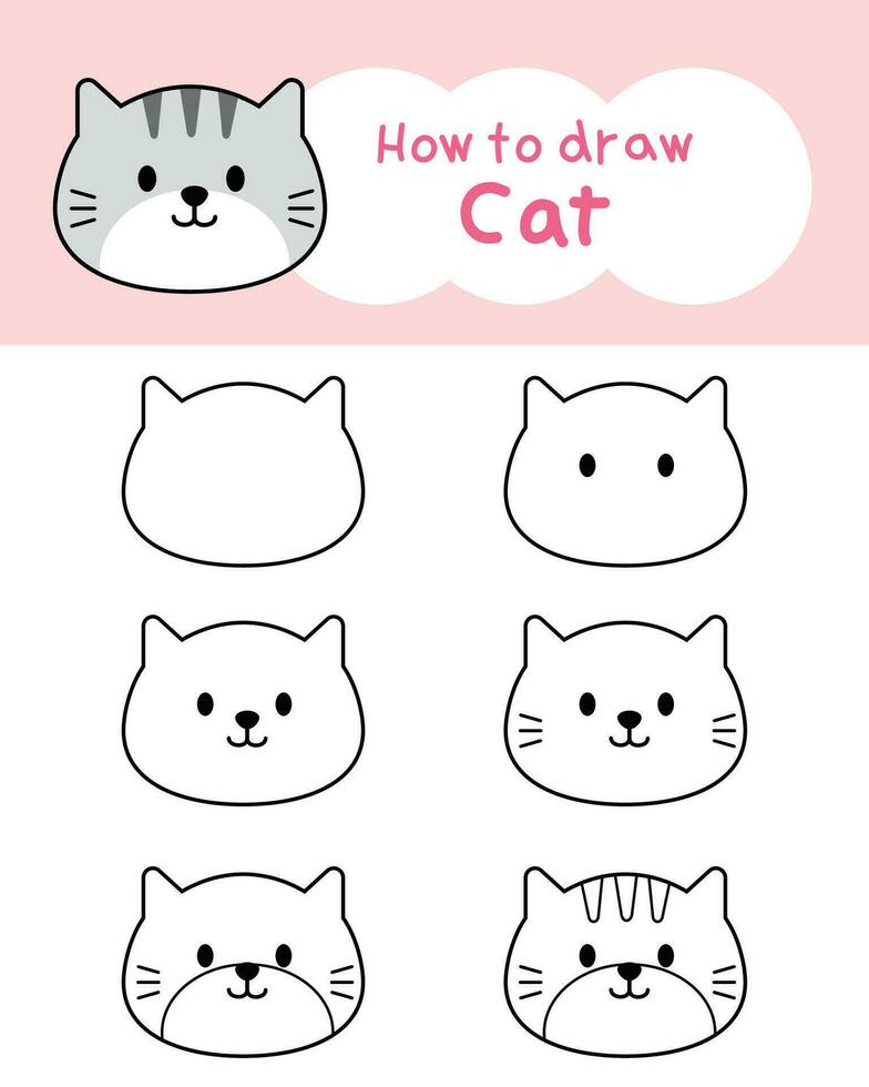 quão para desenhar fofa gato desenho animado degrau de degrau para aprendizado, criança, Educação, coloração livro. vetor ilustração