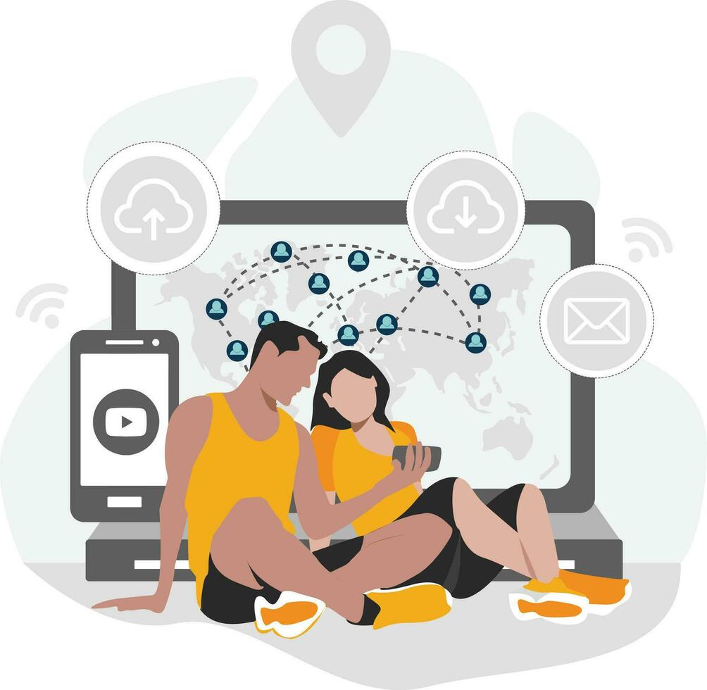 jovem casal assistindo vídeo em Móvel e socialmente conectado para a mundo vetor