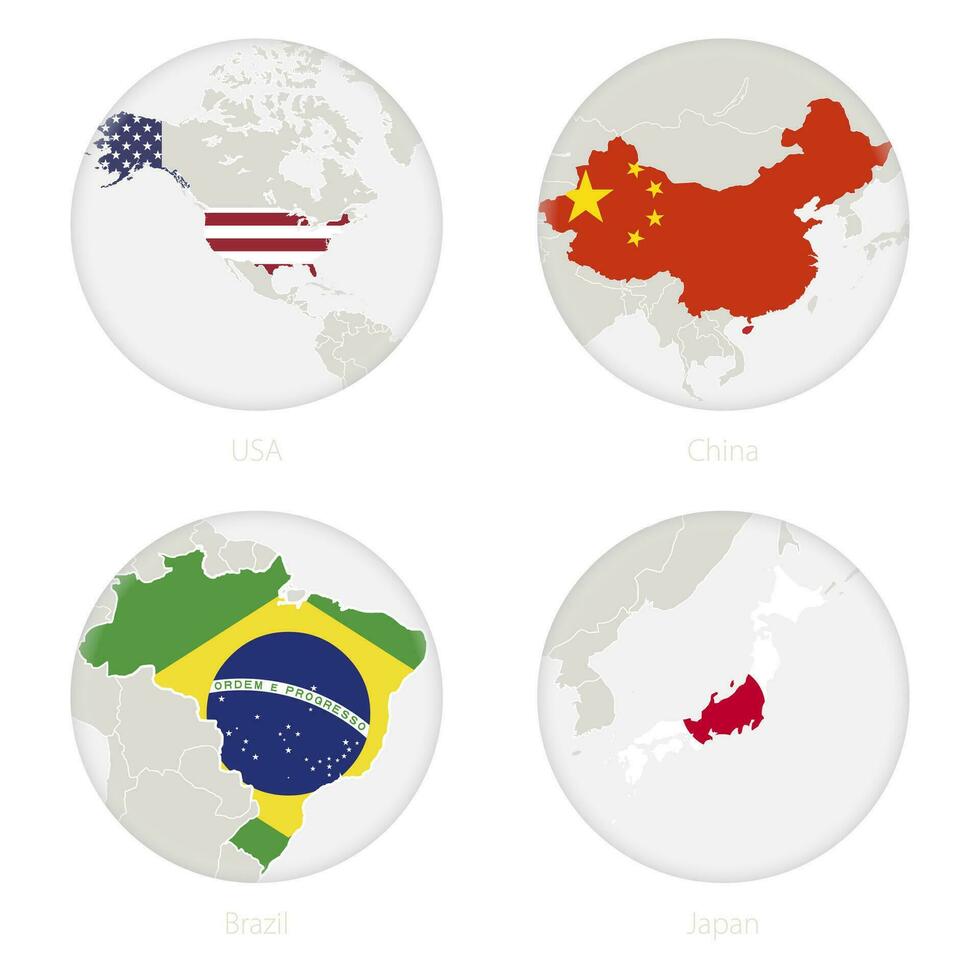 EUA, China, brasil, Japão mapa contorno e nacional bandeira dentro uma círculo. vetor