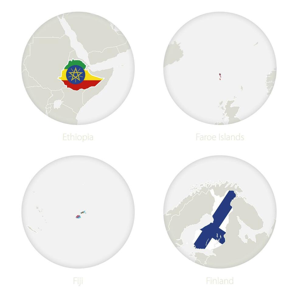 Etiópia, faroé ilhas, Fiji, Finlândia mapa contorno e nacional bandeira dentro uma círculo. vetor