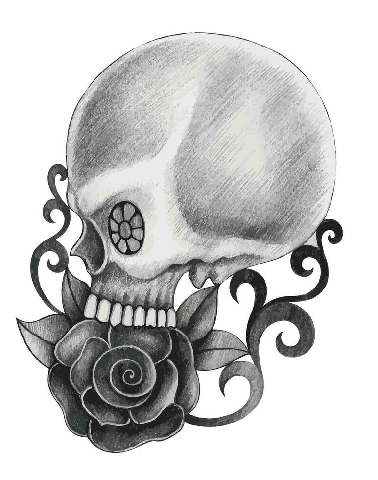 surreal crânio tatuagem mão desenhando e faço gráfico vetor. vetor