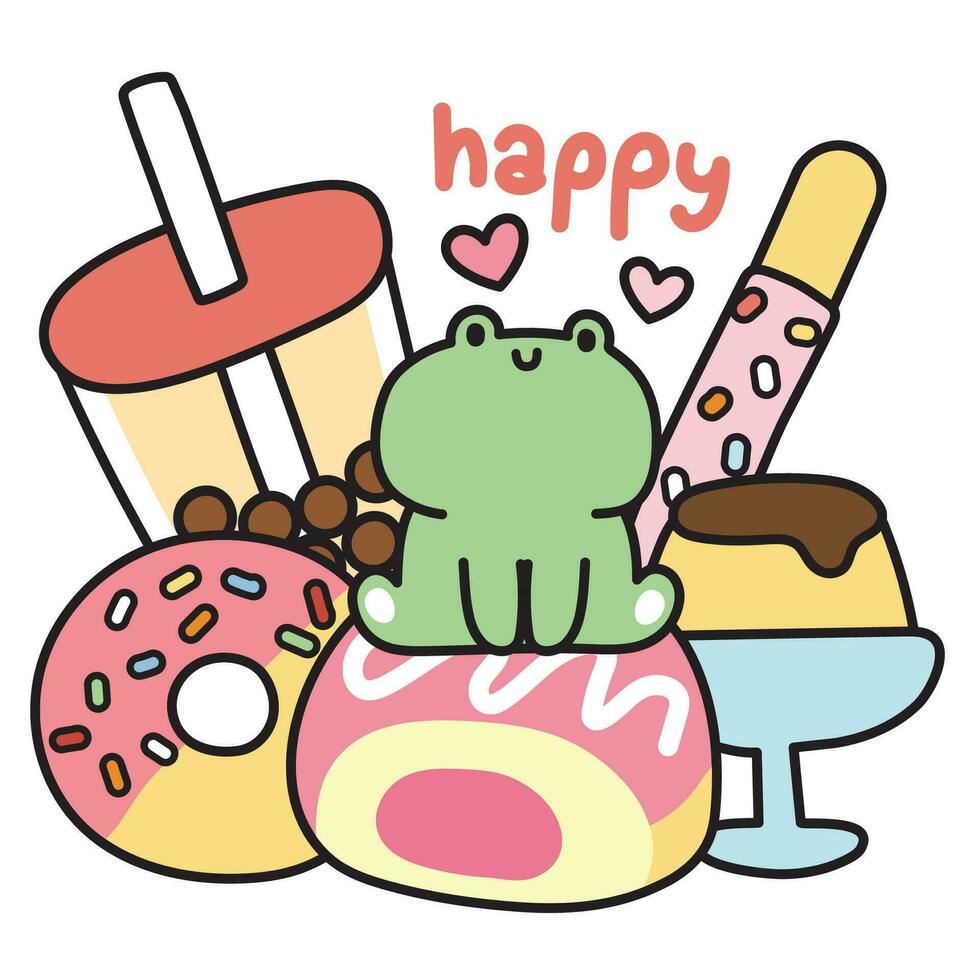 fofa rã sentar em morango pão com doce e sobremesa.padaria desenho animado mão desenhado.réptil animal personagem.donut,bolha leite chá, pudim.kawaii.vector.illustration. vetor