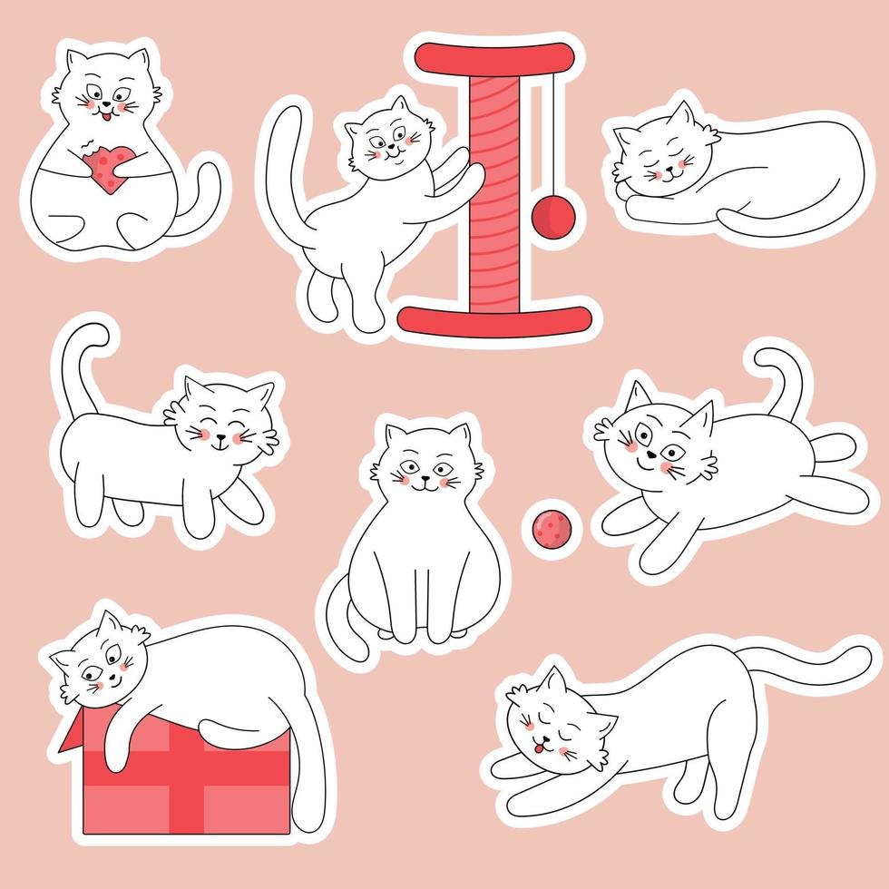 conjunto de emblemas de gatos brancos, patches, adesivos. animal de estimação gordo cômico. vetor