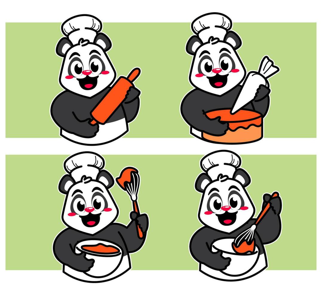 chefe de cozinha panda delicioso pratos e bolo vetor