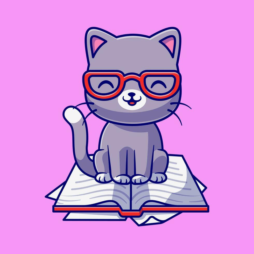 gato bonito sentado na ilustração de ícone de vetor dos desenhos animados do livro. educação animal ícone conceito isolado vetor premium. estilo de desenho animado plano