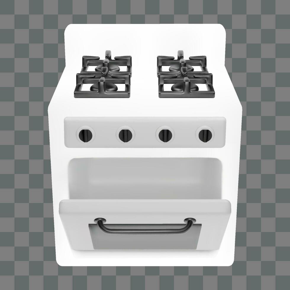 3d aberto forno porta realista vetor cozinha interior utensílio. isolado branco fogão fogão com gás queimador perspectiva exibição frente. limpar \ limpo e lustroso cozinhando objeto png com lidar com ilustração