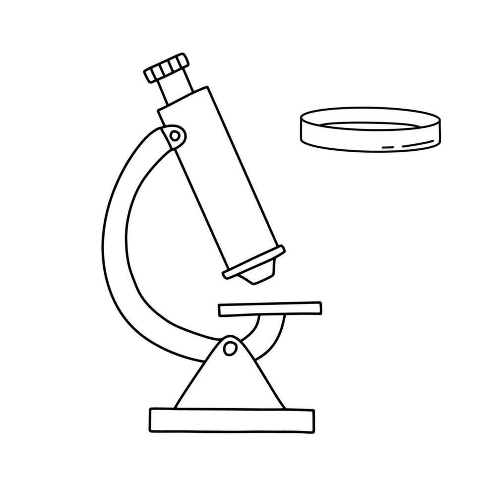 microscópio e petri prato. vetor rabisco ícone. laboratório equipamento para escola química ou biologia.