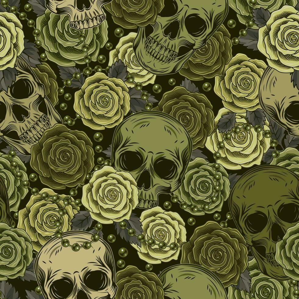verde camuflar padronizar com humano crânio, rosas vetor