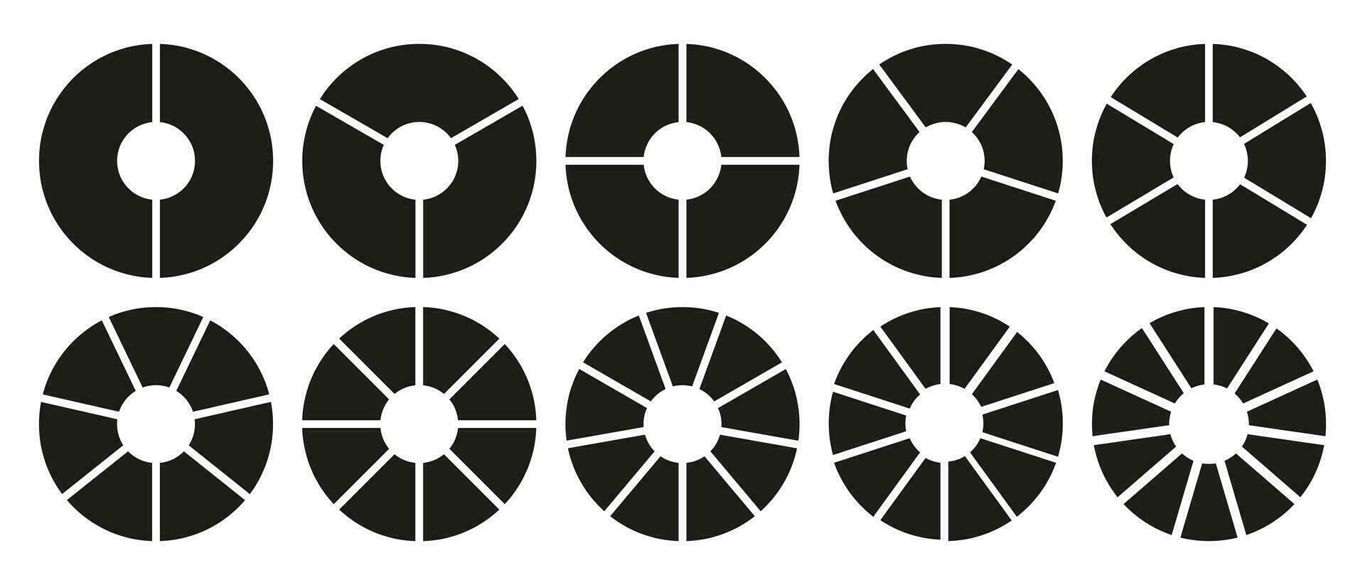 círculo divisão em 2, 3, 4, 5, 6, 7, 8, 9, 10, 11 igual peças. roda volta dividido diagramas com dois, três, quatro, cinco, seis, Sete, oito, nove, dez, onze segmentos. infográfico definir. treinamento em branco. vetor