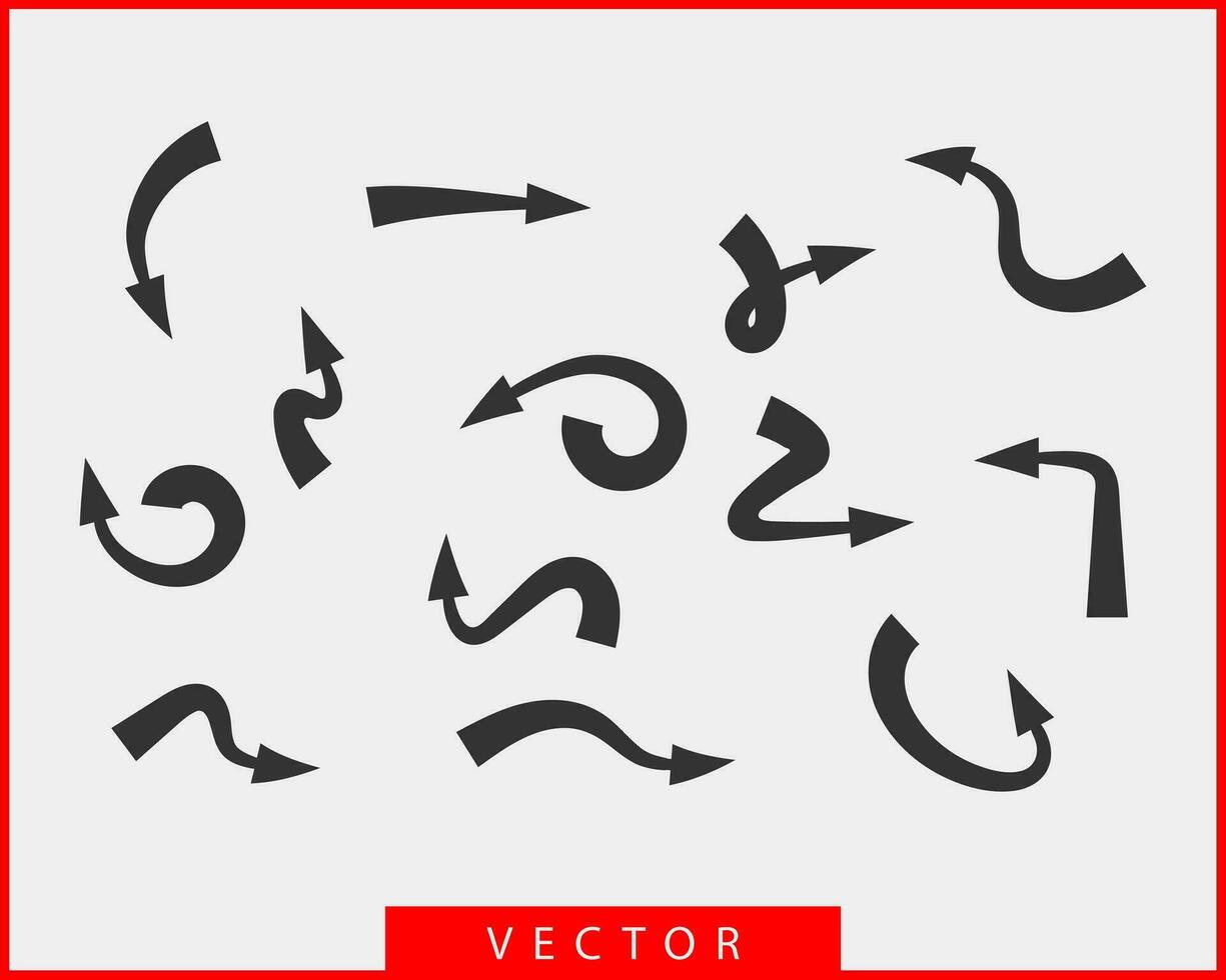 setas de coleção vector símbolos preto e branco de fundo. ícone de seta diferente definir círculo, para cima, encaracolado, reto e torcido. elementos de design.