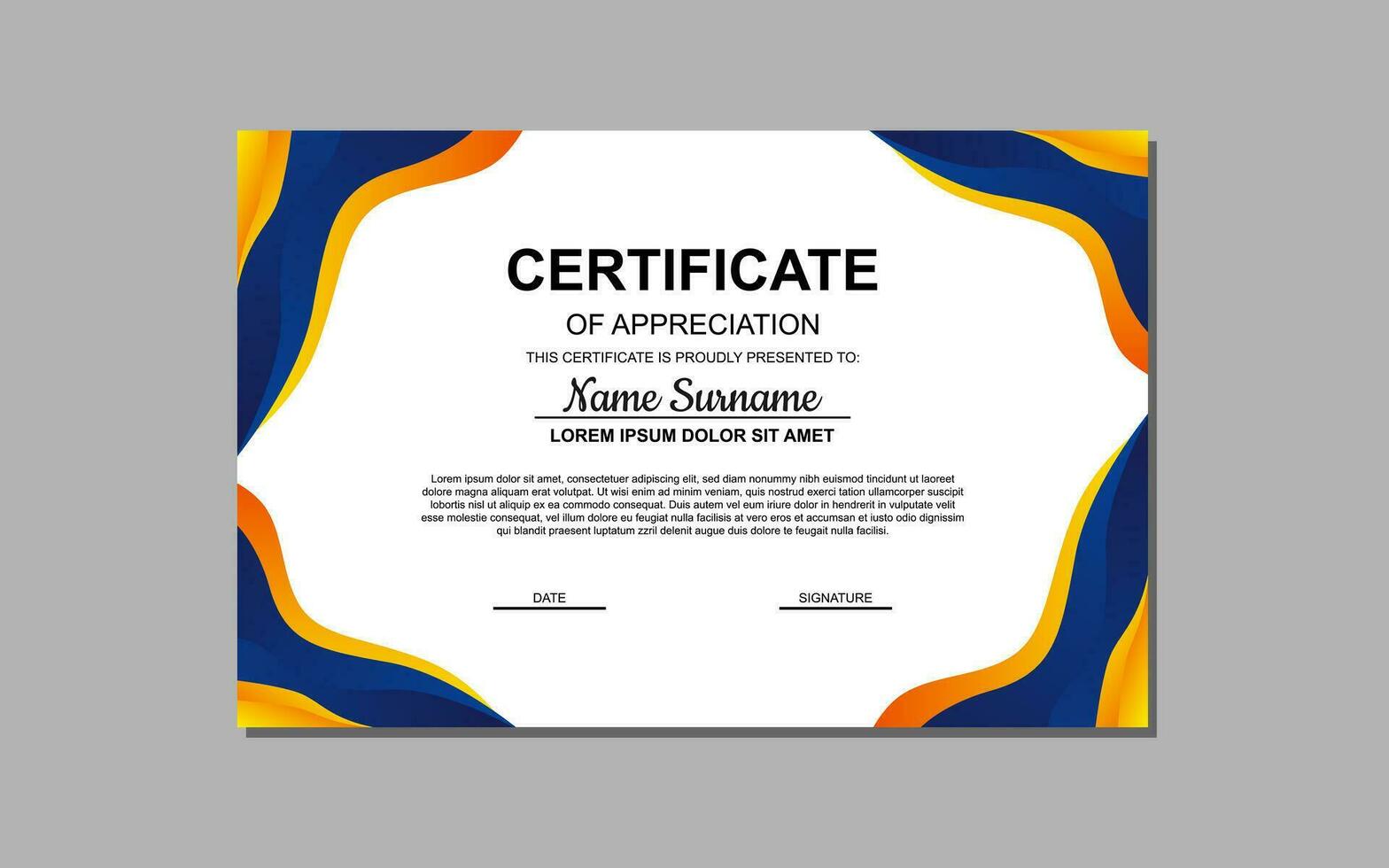certificado modelo dentro azul e laranja abstrato estilo para apreciação do negócios, Educação. certificado Projeto para apreciação. vetor