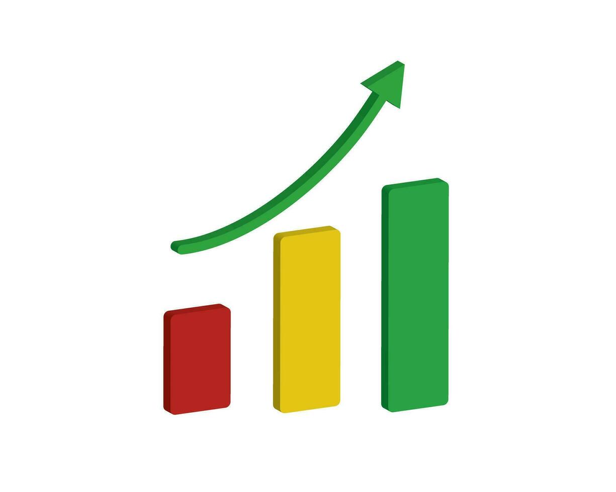 acima seta Segue aumentando 3d gráfico ícone. ascendente gráfico com vermelho, amarelo e verde bares. 3d ilustração. positivo previsão conceito vetor