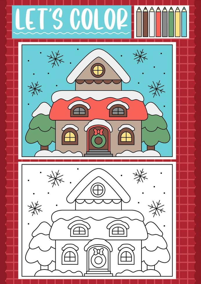 Natal coloração página para crianças com fofa kawaii decorado casa. vetor inverno feriado esboço ilustração. cor livro para crianças com colori exemplo. desenhando Habilidades imprimível planilha