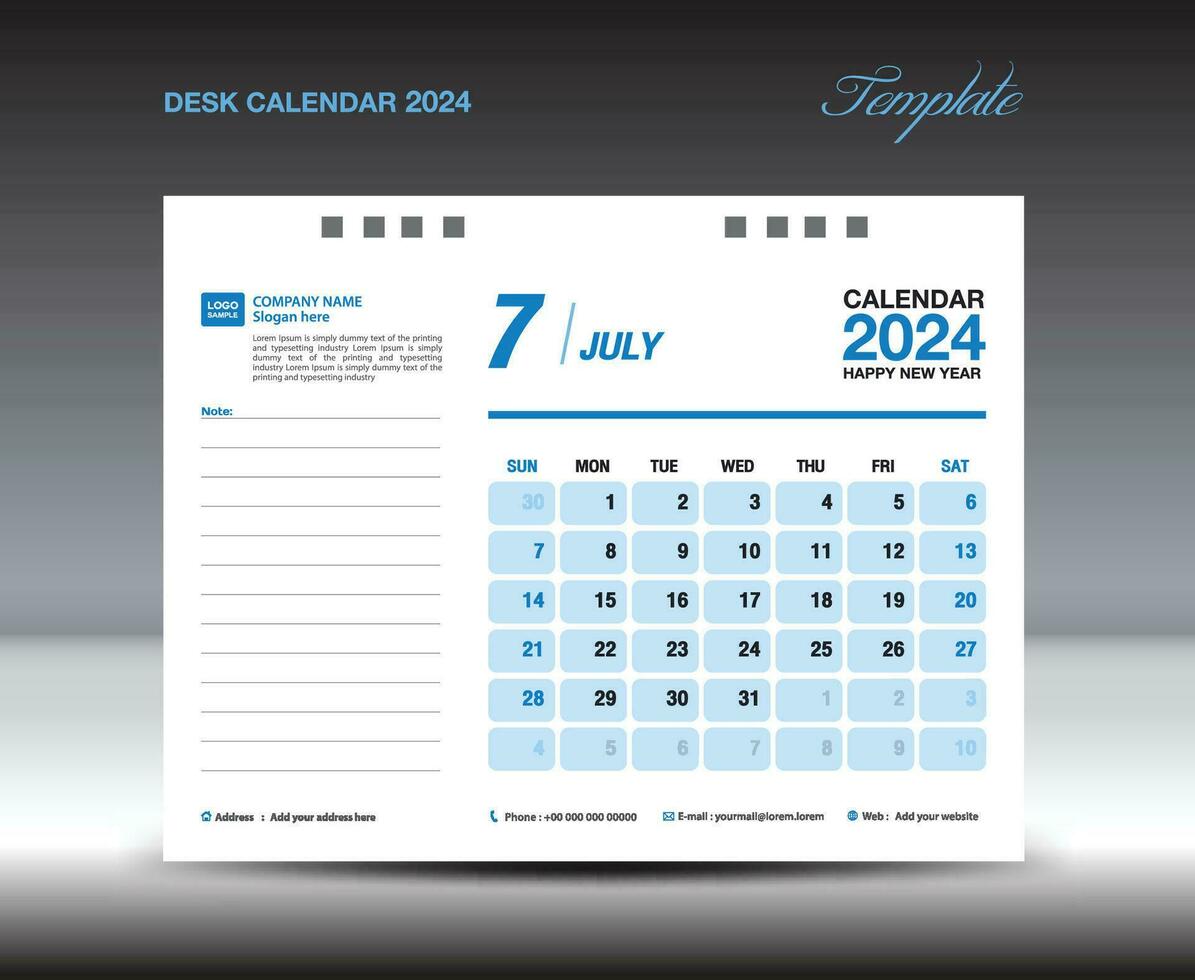 escrivaninha calendário 2024 projeto, Julho 2024 modelo, calendário 2024 modelo, planejador, simples, parede calendário projeto, semana começa em Domingo, impressão, anúncio, azul fundo, vetor