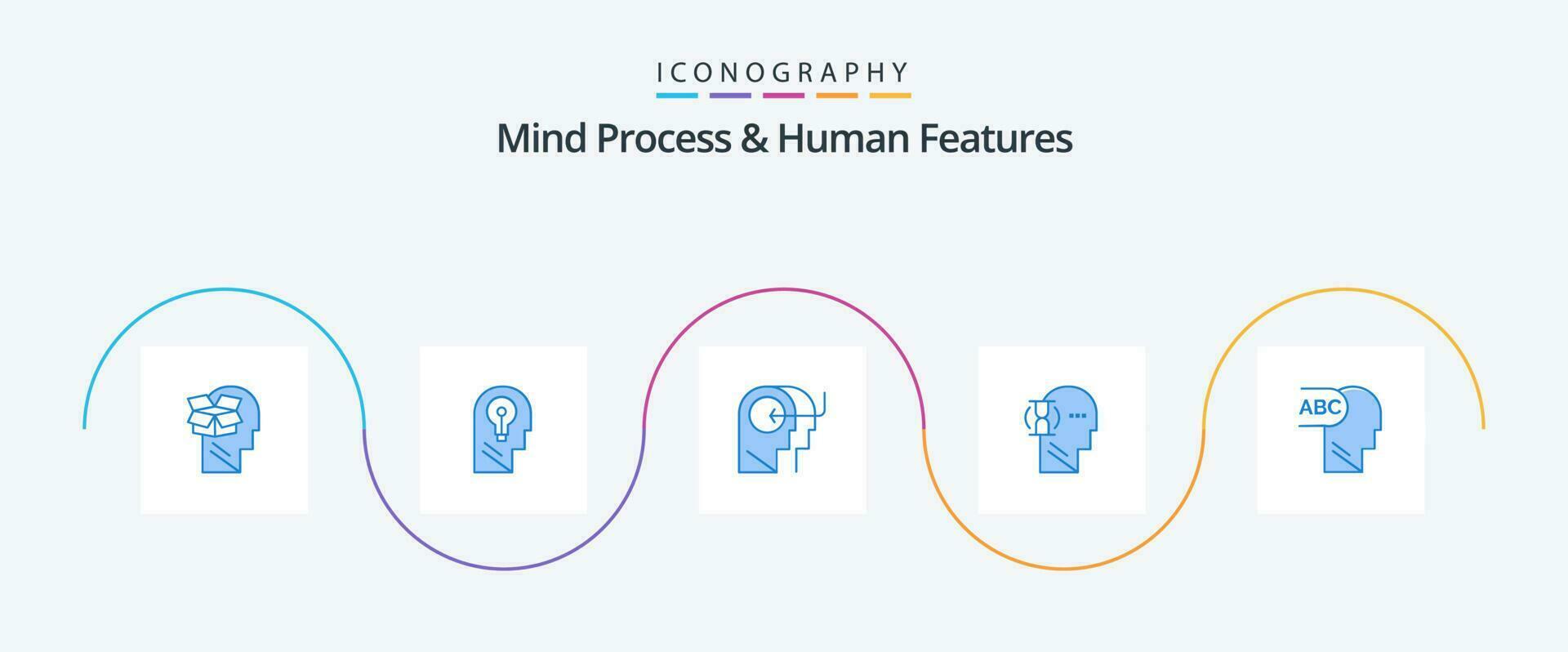 mente processo e humano características azul 5 ícone pacote Incluindo masculino. vidro. mente. espere. cabeça vetor