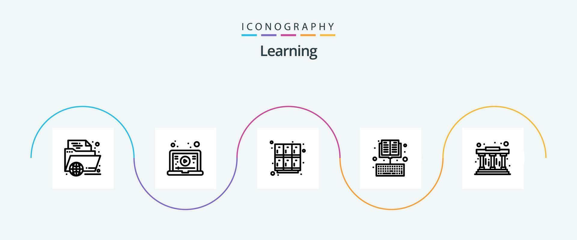 Aprendendo linha 5 ícone pacote Incluindo Educação. livro. vídeo. on-line. aberto vetor