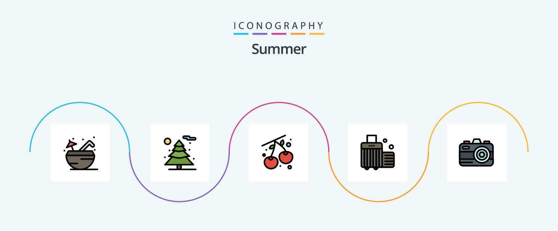verão linha preenchidas plano 5 ícone pacote Incluindo . foto. cereja. Câmera. caso vetor