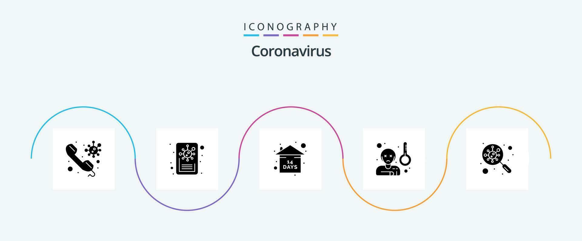 coronavírus glifo 5 ícone pacote Incluindo encontrar. temperatura. risco. doente. febre vetor