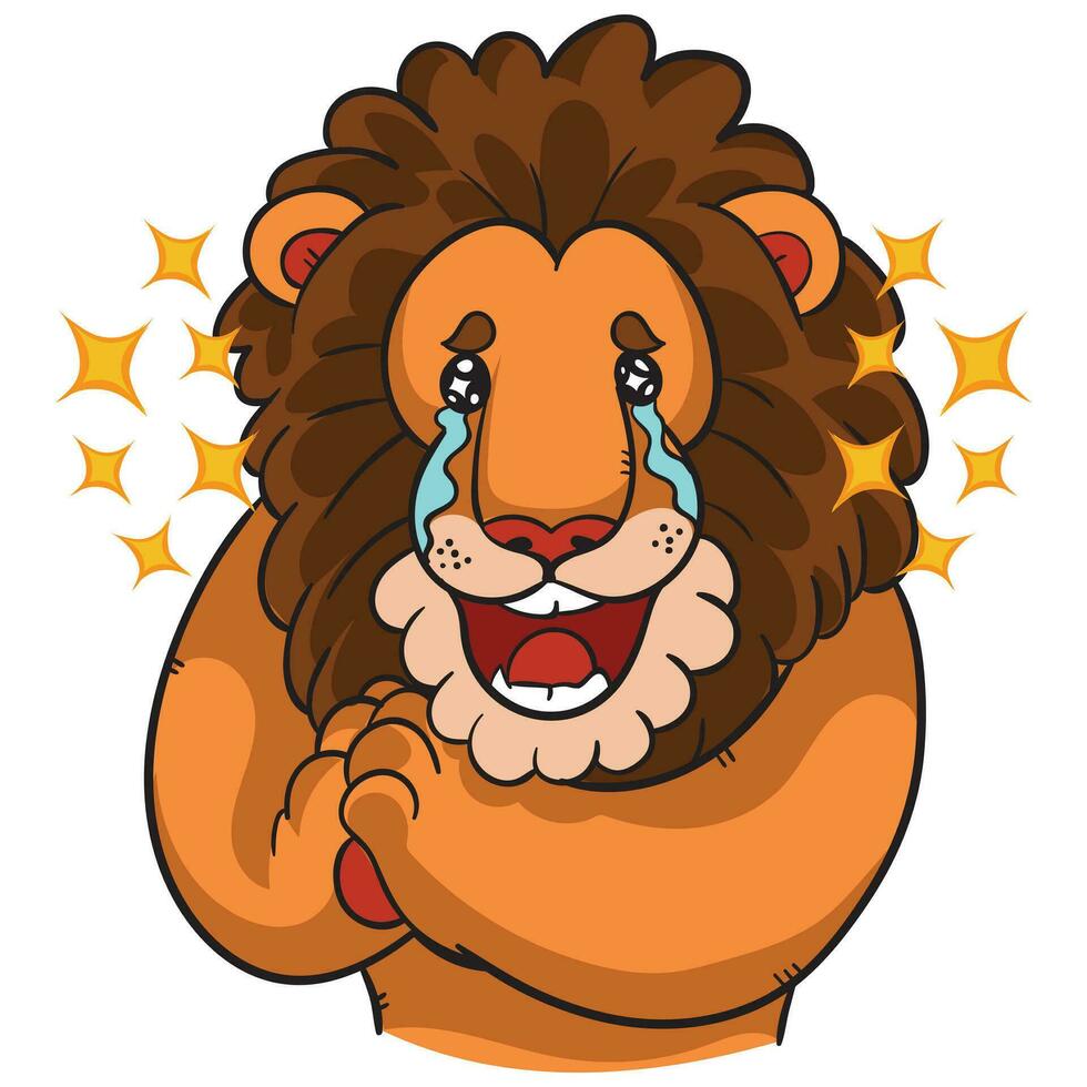 face do uma leão desenho animado com lágrimas do alegria e riso vetor
