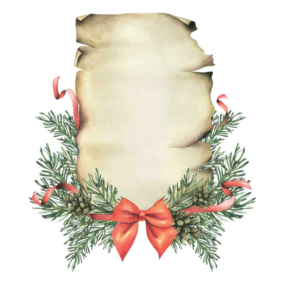 vintage papiro papel Folha com pinho galhos, pinho cones, vermelho arco e fitas. mão desenhado aguarela ilustração. modelo para uma carta em uma branco fundo para Novo ano e Natal vetor