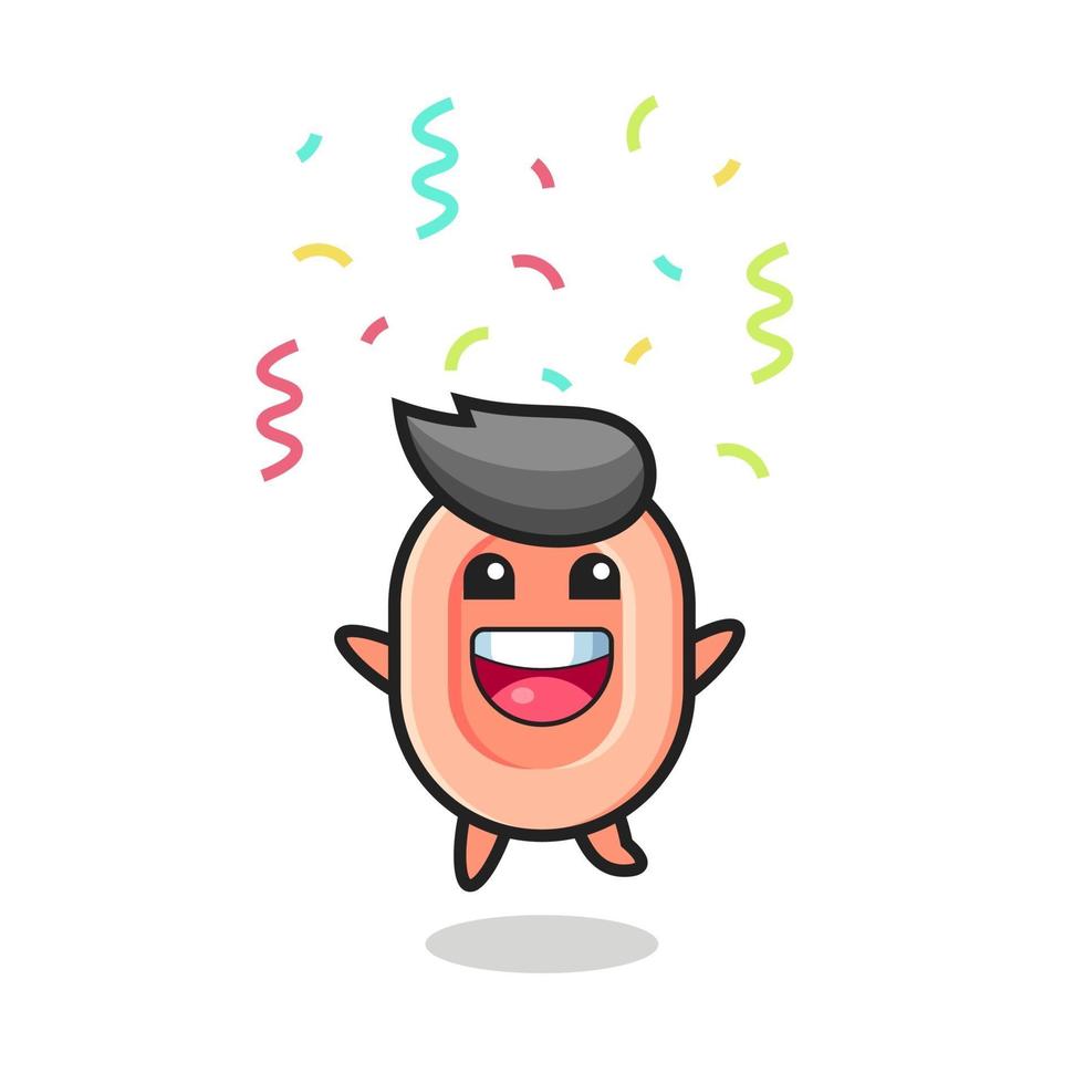 mascote do sabonete feliz pulando de parabéns com confete colorido vetor
