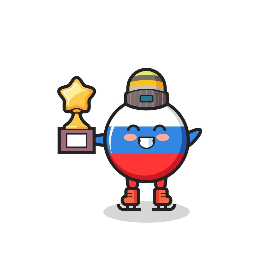 Desenho do emblema da bandeira da Rússia enquanto um jogador de patinação no gelo segura o troféu de vencedor vetor