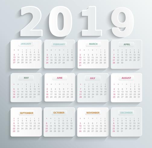 Calendário simples para o ano de 2019. vetor