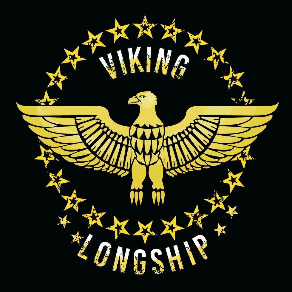 viking navio. camiseta Projeto com dourado Águia cercado de estrelas. vetor
